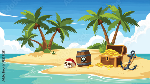 Small sandy pirate island in the ocean with tropical palm trees, a treasure chest full of gold, a skull, and a pirate barrel on shore.