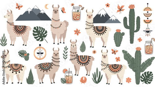 Extensive collection of boho style llamas, cacti, mountains, tropical leaves, and floral elements in warm desert tones on white background.
