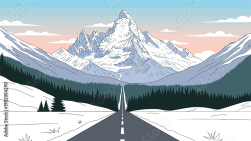 Long straight road leading towards a majestic snow-covered mountain peak under a soft pink and blue sunset sky with dense pine forests.