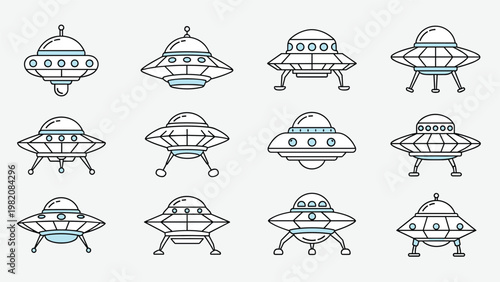 Set of twelve different alien spacecraft or UFO designs in a clean line art style with blue accents on a grey background for sci-fi.