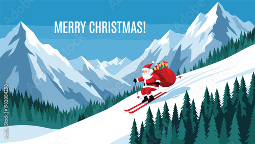 Santa Claus in his red suit skiing down a snow-covered mountain slope with a large sack of presents on a clear winter day in the alps.