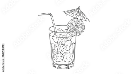 Refreshing glass of iced tea or lemonade with a straw and umbrella is shown in a detailed black and white line art illustration.