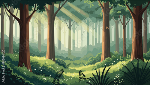 Sunlight streams through the tall trees of a lush green forest illuminating the vibrant vegetation and wildflowers on the ground.