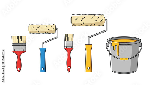 Assortment of paint rollers, brushes, and a bucket of yellow paint are ready for a home renovation or artistic painting project.