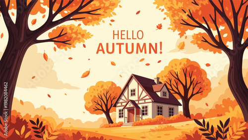 Quaint cottage nestled among vibrant orange autumn trees with falling leaves under a warm yellow sky background.