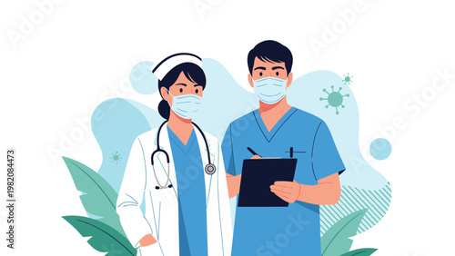Male and female medical professionals wearing blue scrubs and protective face masks standing against a white background.