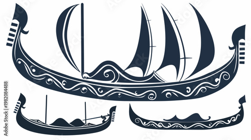 Line art of three Viking ships, dark navy on white, with elaborate scroll decorations