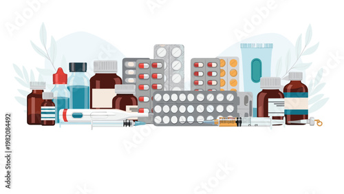 Wide variety of medical supplies including bottled syrups pill packs syringes and thermometer arranged on a white surface.