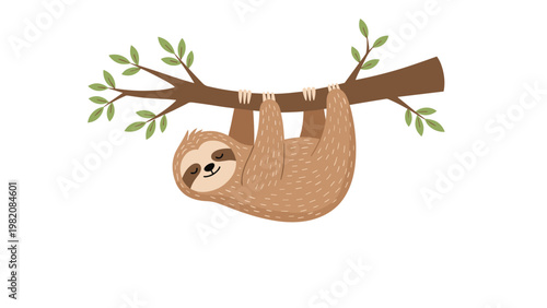 Cute brown sloth hangs lazily from a tree branch with green leaves against a plain white background in a simple flat vector design.