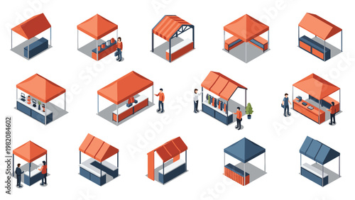 Collection of isometric market stalls and street vendors provides various designs for retail and commerce festival event graphics.