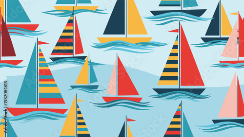 Seamless pattern of colorful sailboats with striped sails floating on gentle blue waves creates a nautical summer themed background.