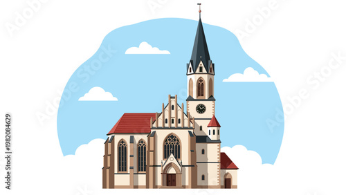 Gothic style church building with tall spires and intricate stone details stands prominently against a blue sky with soft white clouds.
