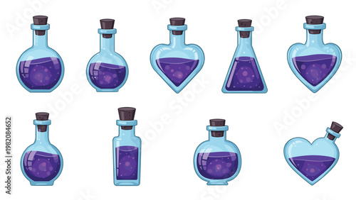 Set of magical potion bottles in different shapes contains sparkling purple liquid for fantasy role playing games and enchanting designs.
