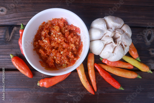 Indonesian garlic chilli sambal or sambel bawang with garlic, chilli and salt as Ingredients.