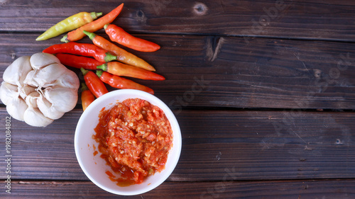 Indonesian garlic chilli sambal or sambel bawang with garlic, chilli and salt as Ingredients.