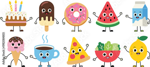 Cute food characters set, cartoon dessert and drink mascots, colorful fun vector illustration