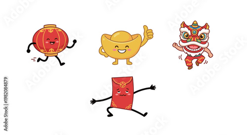 Chinese New Year Mascot Character Set with Red Lantern, Golden Ingot, Lion Dance Head and Red Envelope Lucky Bag Vector Illustration on White