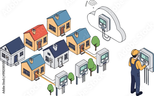 Smart Energy Grid and IoT Metering Concept with Residential Houses, Cloud Network, and Utility Worker Illustration