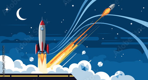 Two powerful rockets launching into the dark night sky, one ascending from a launchpad with fiery exhaust, the other already soaring high.