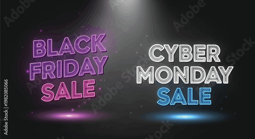 Black Friday, Cyber Monday sale, shopping labels, neon signs