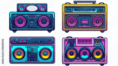 Retro boomboxes in cartoon style, featuring vivid colors and distinct speaker designs