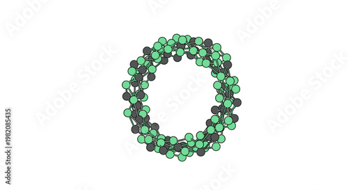 Abstract 3D rendering of a complex molecular ring structure, featuring interconnected green and dark grey spheres, symbolizing nanotechnology and scientific innovation.