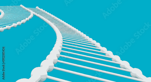 Futuristic 3D abstract rendering of a winding double helix or ladder-like structure against a bright blue background, representing progress and technology.