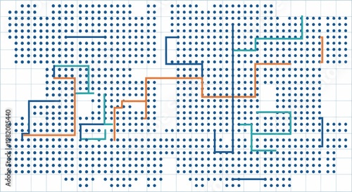 Abstract digital network illustration with interconnected colored lines on a grid of blue dots, representing data flow, complex algorithms, and technological connections.