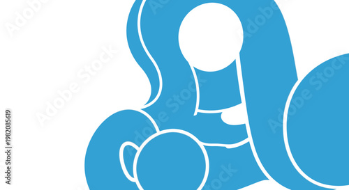 Blue silhouette illustration of a mother holding her baby, symbolizing maternal love, care, and the strong family bond. Minimalist motherhood concept on a white background.