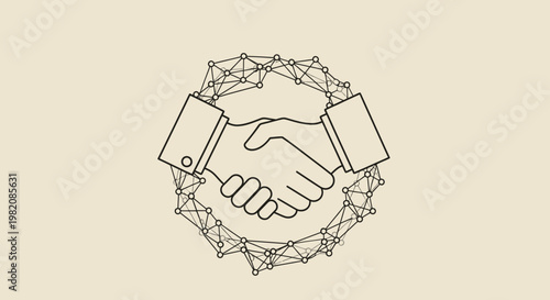 Digital business partnership handshake illustration with interconnected network lines, symbolizing global agreement and technological collaboration.