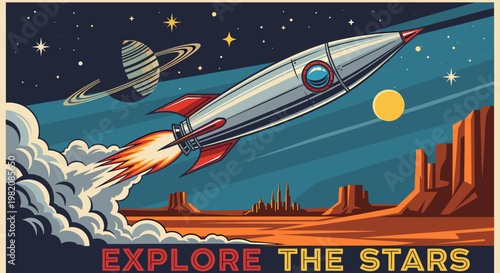 Retro rocket ship blasting off into a starry alien landscape with a ringed planet and desert mesas.