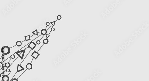 Abstract geometric network pattern with interconnected shapes, representing data flow, technology, and futuristic progress on a light grey background.