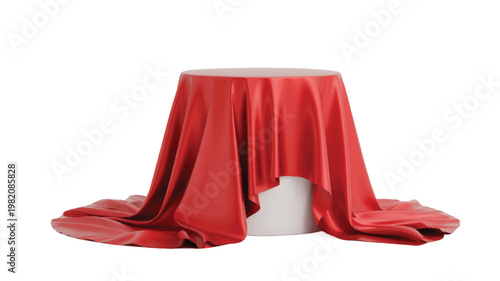 A round white pedestal draped in a red silk cloth, revealing a slight curve from underneath, set against a pure white background