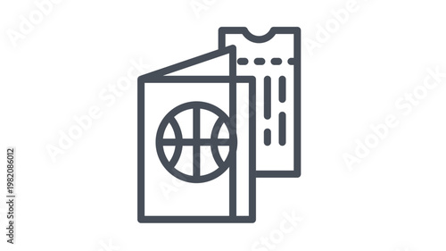 Black minimalist vector icon illustration of a basketball game ticket and event program, representing sports attendance, stadium entry, tournament matches, and athletic competition on white.