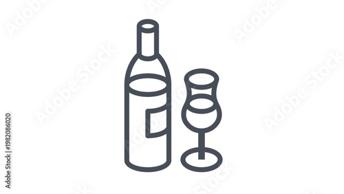 Minimalist black line art vector icon of a wine bottle and a glass, perfect for restaurant menus, bar signage, or beverage branding. Scalable silhouette illustration of alcohol service.