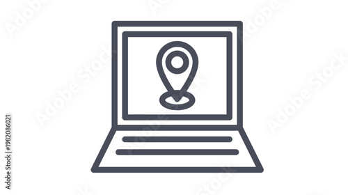 Laptop with location pin icon vector illustration. Minimalist black line art of a computer showing a map marker symbol. Scalable graphic for digital navigation, GPS tracking, and online maps.