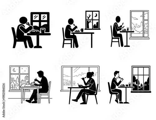 Eating Activity Silhouette Icon Set, Minimal Lifestyle Icons Collection, 6 Poses SVG