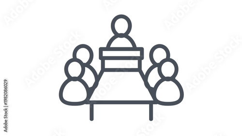 Business meeting and presentation vector icon illustration featuring a leader at the head of a conference table with team members, minimalist black line art symbol for corporate collaboration.
