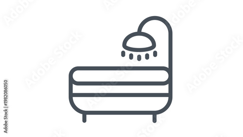 Minimalist black line vector icon illustration of a bathtub with an overhead shower head, representing bathroom hygiene, relaxation, spa, and home plumbing fixtures on a white background.