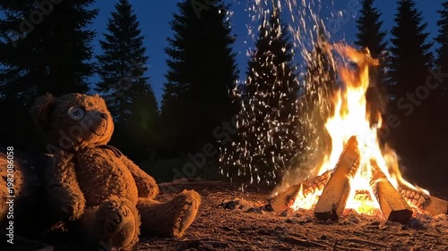 Teddy Bear Sitting by a Glowing Campfire in a Night Forest