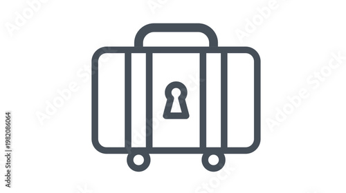 Black line vector icon illustration of a travel suitcase with wheels, handle, and keyhole lock. Minimalist luggage symbol for tourism, vacation, business trips, and transportation design.