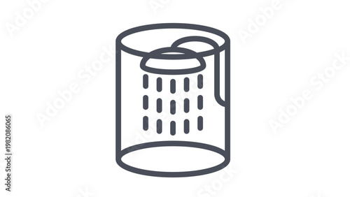 Minimalist black line art vector icon of a cylindrical shower stall or cabin with a showerhead spraying water droplets, isolated illustration for bathroom, hygiene, and plumbing design.