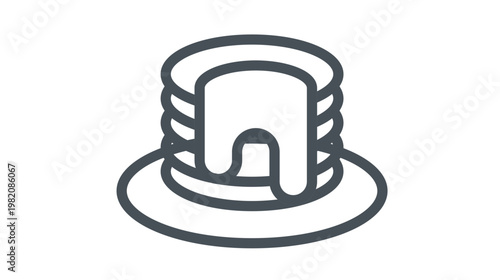 Minimalist black line art vector icon of a stack of pancakes with dripping syrup on a plate, isolated on a white background. Clean and scalable illustration for breakfast food concepts.