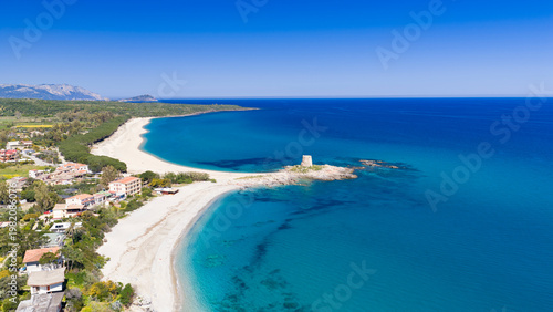 Obraz na płótnie Aerial drone view of Torre di Bari, surrounded by turquoise waters and white san