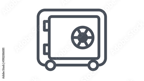 Minimalist black line vector icon illustration of a bank safe or security vault with a combination lock and wheels, symbolizing financial protection, wealth storage, and data security.