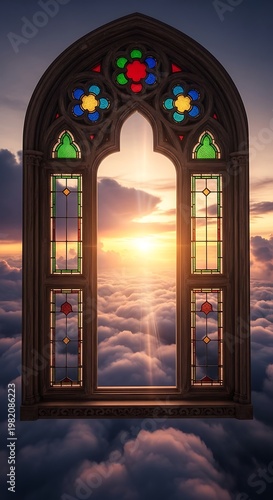 Stained Glass Window Overlooking Clouds at Sunset.