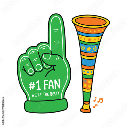 A green foam hand and colorful horn cheer at a lively sports event enthusiastically.
