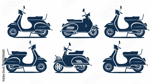 Navy silhouettes of classic scooters aligned in two rows, simple, graphic illustration
