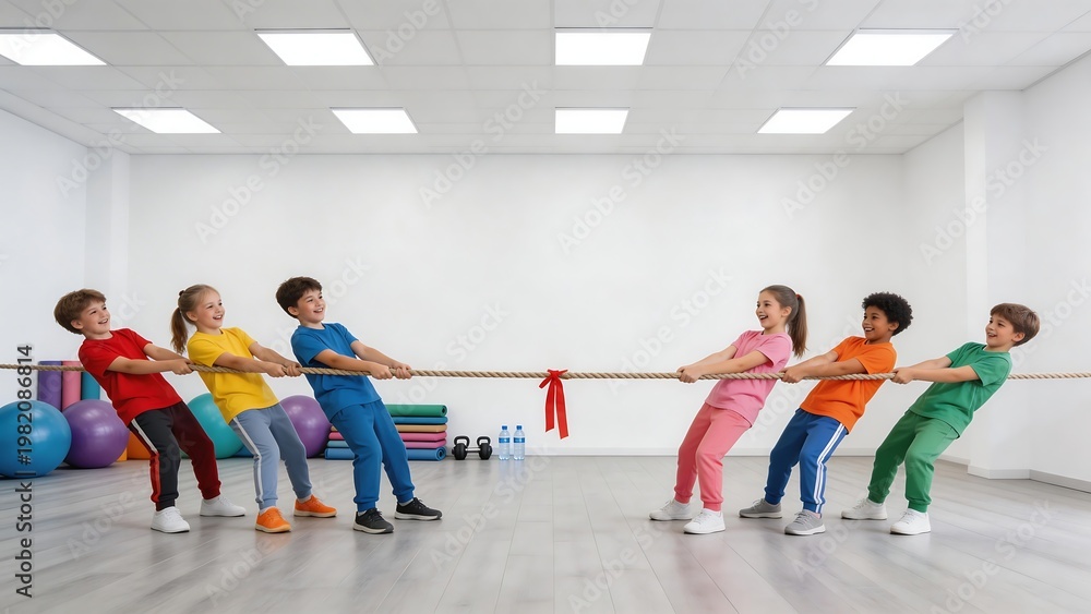 Fototapeta premium Children playing tug of war in gym