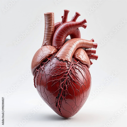 Detailed anatomical heart model with arteries and veins on white background